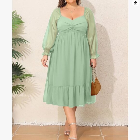 Talisea Sweetheart Long Sleeves Chiffon Cocktail Curvy Midi Dress (Sage, 22W) - Picture 3 of 5
